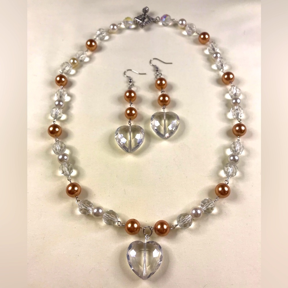 Pearls & Glass Beads, Silver Clasp, Heart Glass Charms Jewelry Set